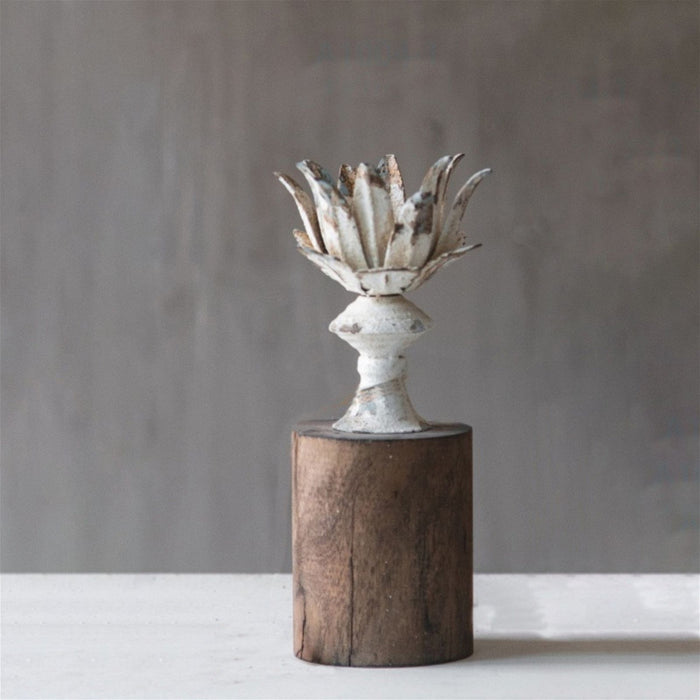 Anala Candle Holder Metal Flower in Bloom with Wooden Base by Urban Style -Home Living Store - -