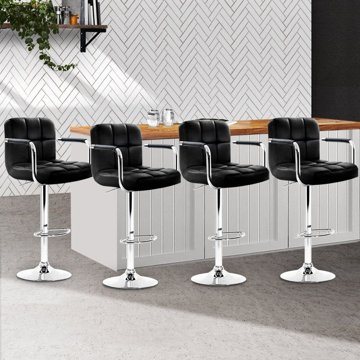 Four Bar Stools Leather Gas Lift w/Armrest Black -Home Living Store - -