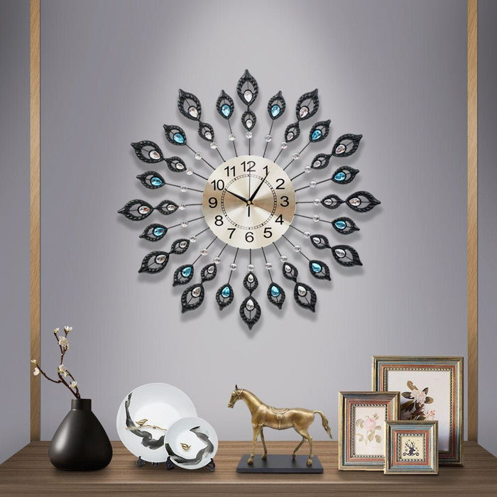 Artiss 60CM Peacock Wall Clock Large 3D Modern Crystal Luxury Round Wall Clocks Home Decor Black -Home Living Store - -