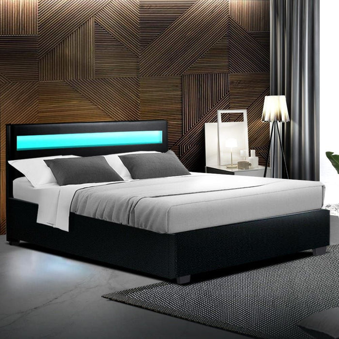 Artiss Bed Frame Double Size LED Gas Lift Black COLE -Home Living Store - -
