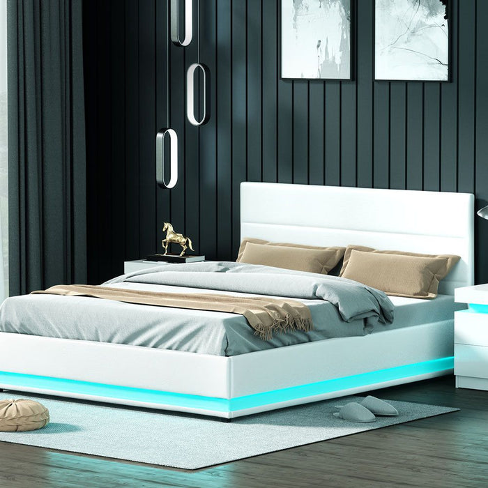 Artiss Bed Frame Queen Size LED Gas Lift White LUMI -Home Living Store - -