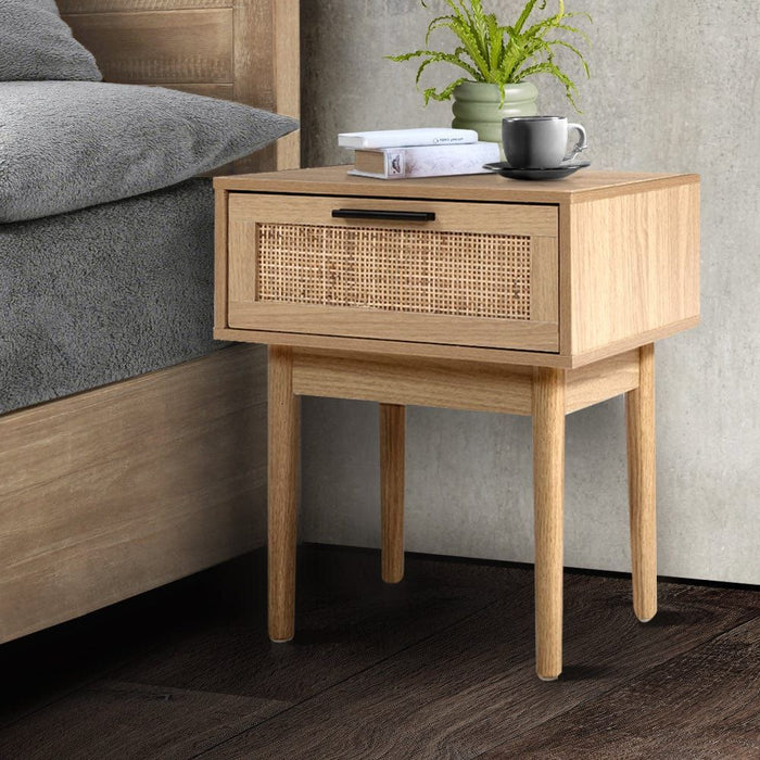 Bedside Tables Table One Drawer Storage Cabinet Rattan Wood Nightstand -Home Living Store - -