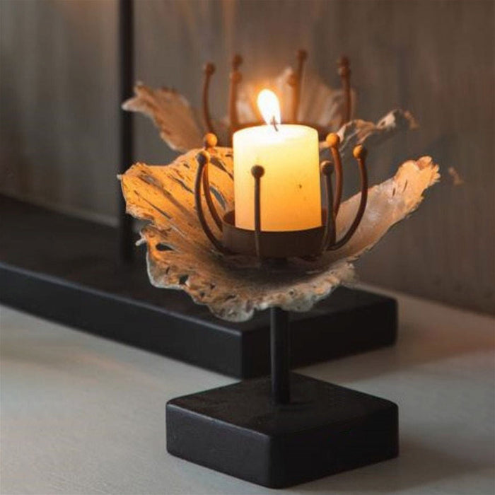 Brigit Candle Holder Metal Flower in Bloom with Wooden Base by Urban Style -Home Living Store - -