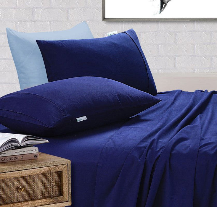 Elan Linen 100% Egyptian Cotton Vintage Washed 500TC Navy Blue King Single Bed Sheets Set -Home Living Store - -