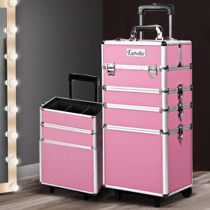 Embellir Makeup Case Beauty Trolley Cosmetic Organiser Box Travel Wheels Pink -Home Living Store - -