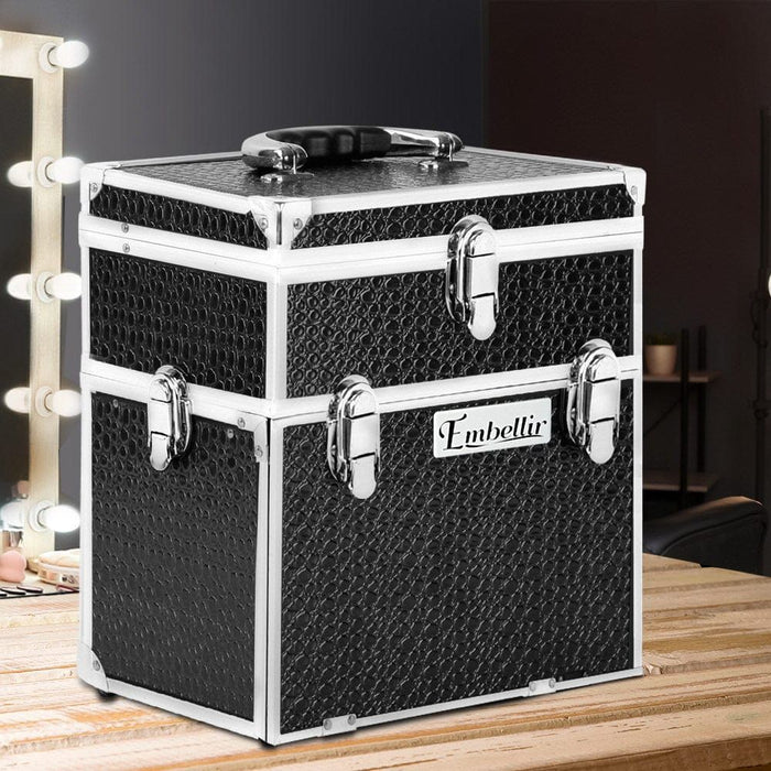 Embellir Portable Cosmetic Beauty Makeup Carry Case with Mirror - Crocodile Black -Home Living Store - -