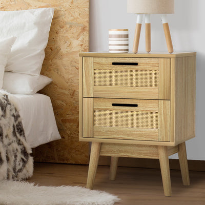 Artiss Rattan Bedside Table 2 Drawers Wood - RIE Oak-#product_category#-Home Living Store
