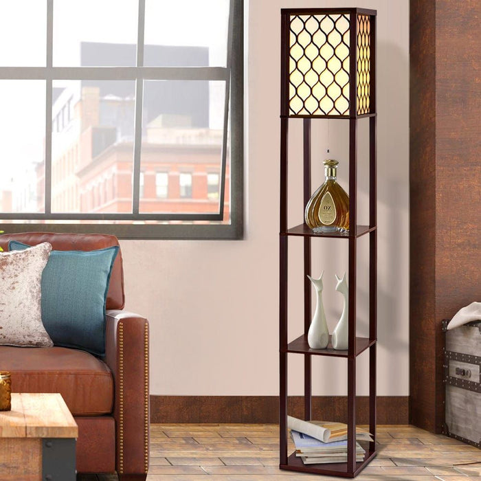Floor Lamp LED Storage Shelf Standing Vintage Wood Light Reading Bedroom -Home Living Store - -
