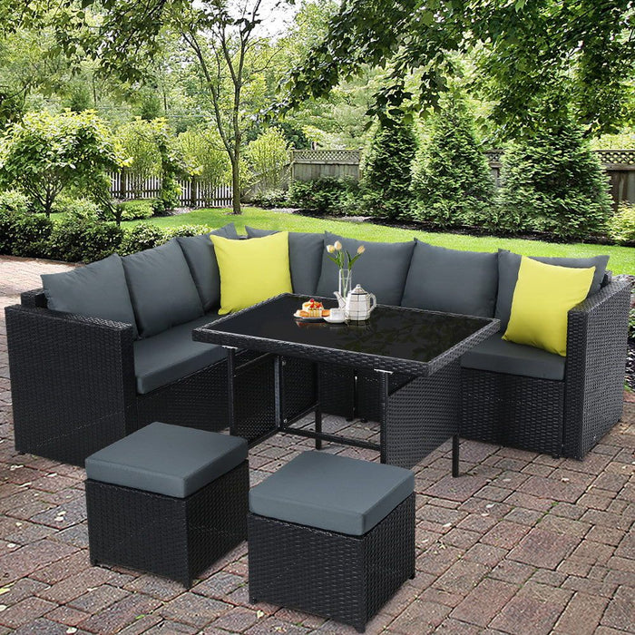Gardeon Outdoor Furniture Patio Set Dining Sofa Table Chair Lounge Wicker Garden Black -Home Living Store - -