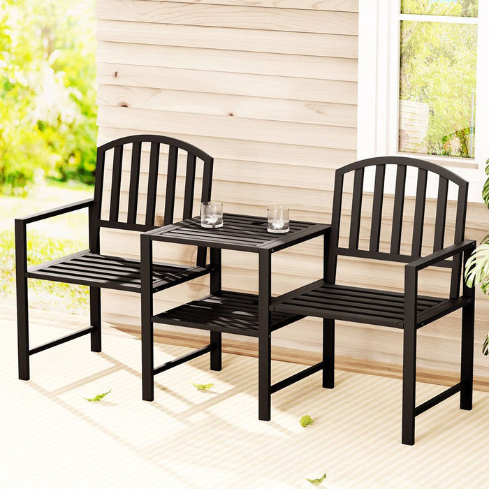 Gardeon Outdoor Garden Bench Seat Loveseat Steel Table Chairs Patio Furniture Black -Home Living Store - -