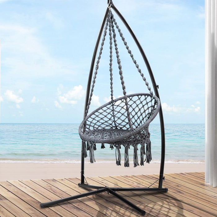 Gardeon Outdoor Hammock Chair with Steel Stand Cotton Swing Hanging 124CM Grey -Home Living Store - -
