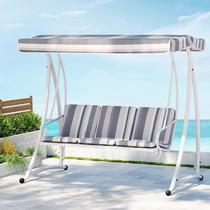 Gardeon Outdoor Swing Chair Garden Bench Furniture Canopy 3 Seater White Grey -Home Living Store - -