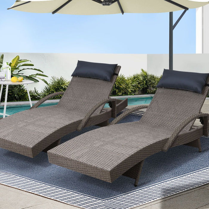 Gardeon Set of 2 Sun Lounge Outdoor Furniture Wicker Lounger Rattan Day Bed Garden Patio Grey -Home Living Store - -
