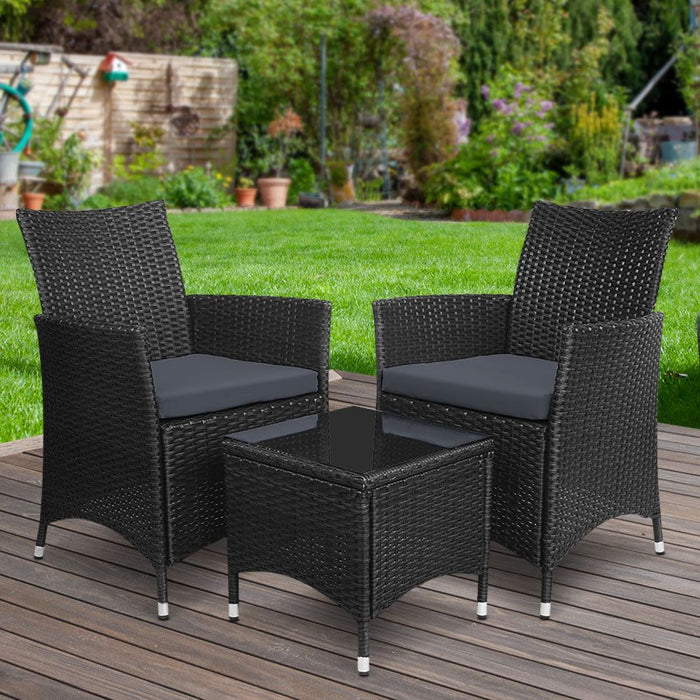 Gardeon Three Piece Bistro Wicker Outdoor Furniture Set Black -Home Living Store - -