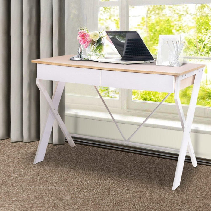 Metal Desk with Drawer - White with Oak Top -Home Living Store - -