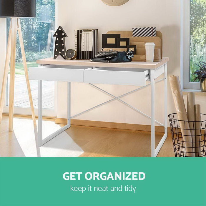 Metal Desk with Drawer - White with Wooden Top -Home Living Store - -