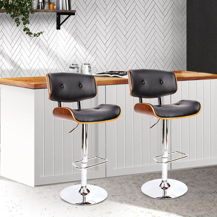 Two Bar Stools Gas Lift Leather Black -Home Living Store - -