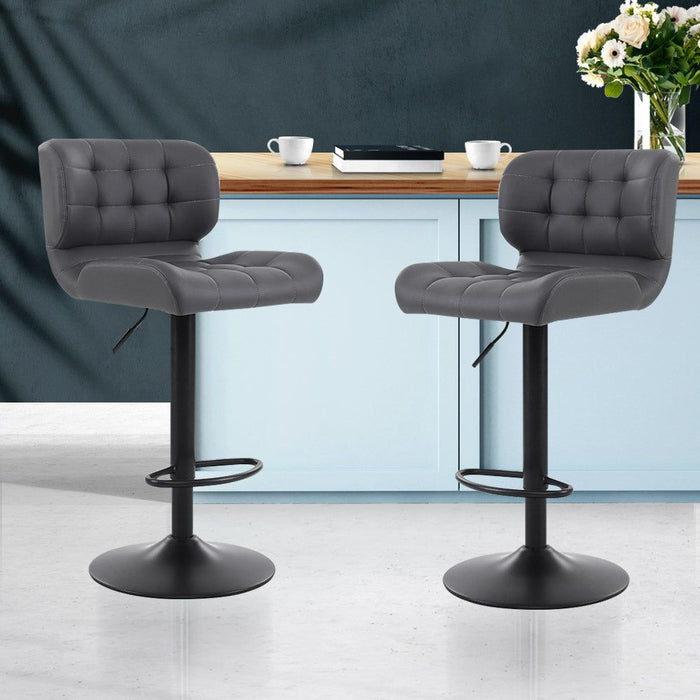 Two Bar Stools Gas Lift Leather Padded Grey -Home Living Store - -
