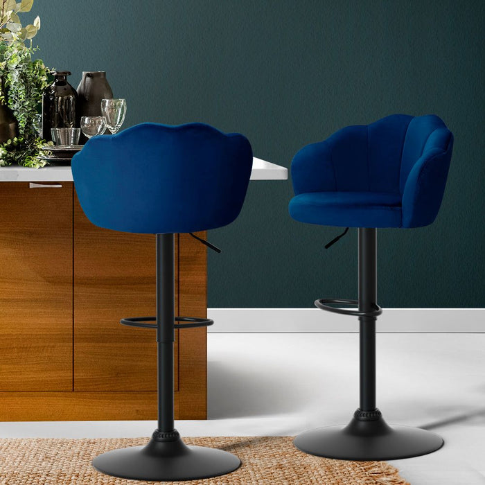 Two Bar Stools Gas Lift Velvet Blue -Home Living Store - -
