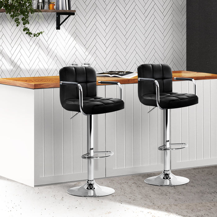 Two Bar Stools Leather Gas Lift w/Armrest Black-Home Living Store-Furniture > Chairs > Table & Bar Stools