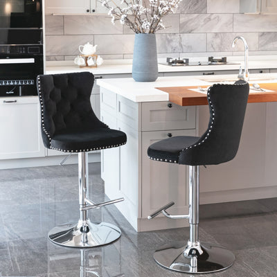 Two Height Adjustable Swivel Bar Stool Velvet Studs Barstool with Footrest and Chromed Base- Black-Home Living Store-