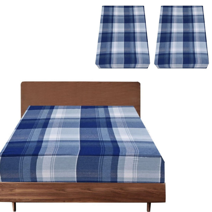 2x Queen Luxury 100% Cotton Flannelette Fitted Bed Sheet - Blue Check Print-#product_category#-Home Living Store