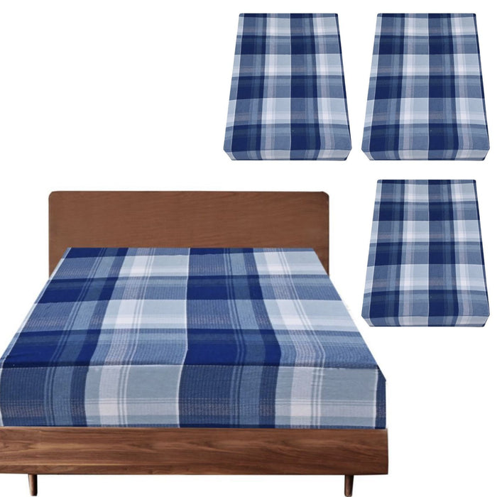 3x Queen Luxury 100% Cotton Flannelette Fitted Bed Sheet - Blue Check Print-#product_category#-Home Living Store