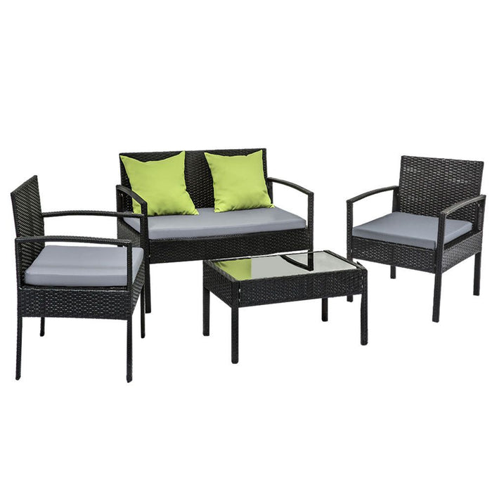 4 Seater Sofa Set Outdoor Furniture Lounge Setting Wicker Chairs Table Rattan Lounger Bistro Patio Garden Cushions Black-#product_category#-Home Living Store