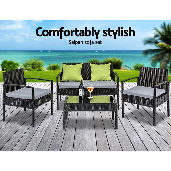 4 Seater Sofa Set Outdoor Furniture Lounge Setting Wicker Chairs Table Rattan Lounger Bistro Patio Garden Cushions Black-#product_category#-Home Living Store