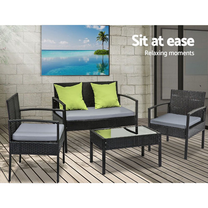 4 Seater Sofa Set Outdoor Furniture Lounge Setting Wicker Chairs Table Rattan Lounger Bistro Patio Garden Cushions Black-#product_category#-Home Living Store