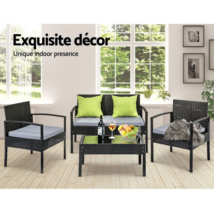 4 Seater Sofa Set Outdoor Furniture Lounge Setting Wicker Chairs Table Rattan Lounger Bistro Patio Garden Cushions Black-#product_category#-Home Living Store