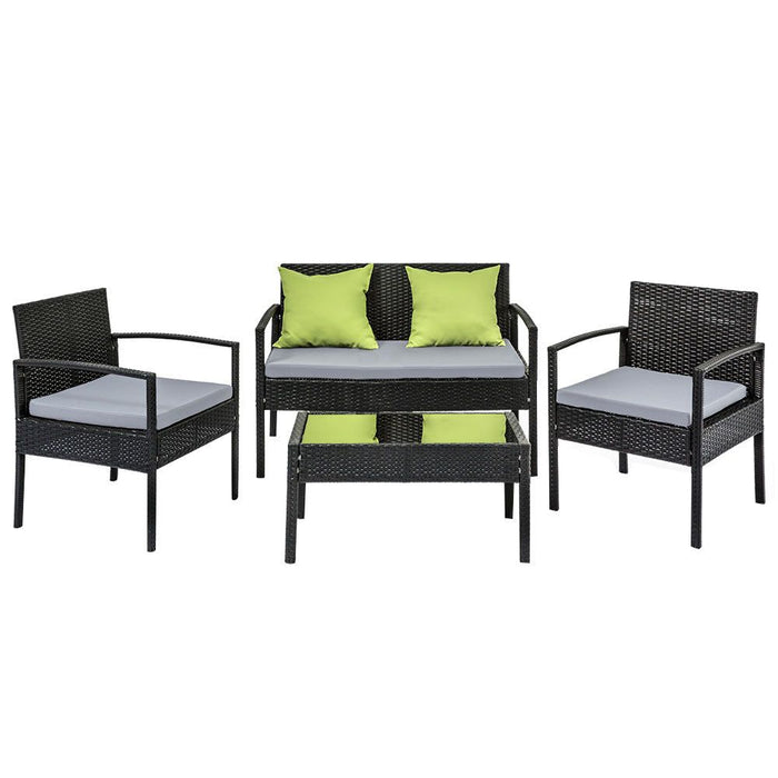 4 Seater Sofa Set Outdoor Furniture Lounge Setting Wicker Chairs Table Rattan Lounger Bistro Patio Garden Cushions Black-#product_category#-Home Living Store