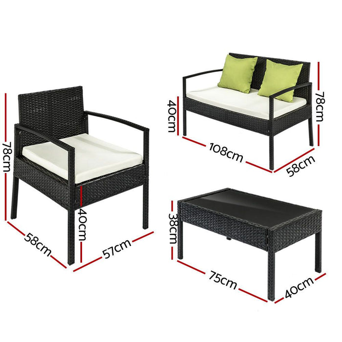 4 Seater Sofa Set Outdoor Furniture Lounge Setting Wicker Chairs Table Rattan Lounger Bistro Patio Garden Cushions Black-#product_category#-Home Living Store