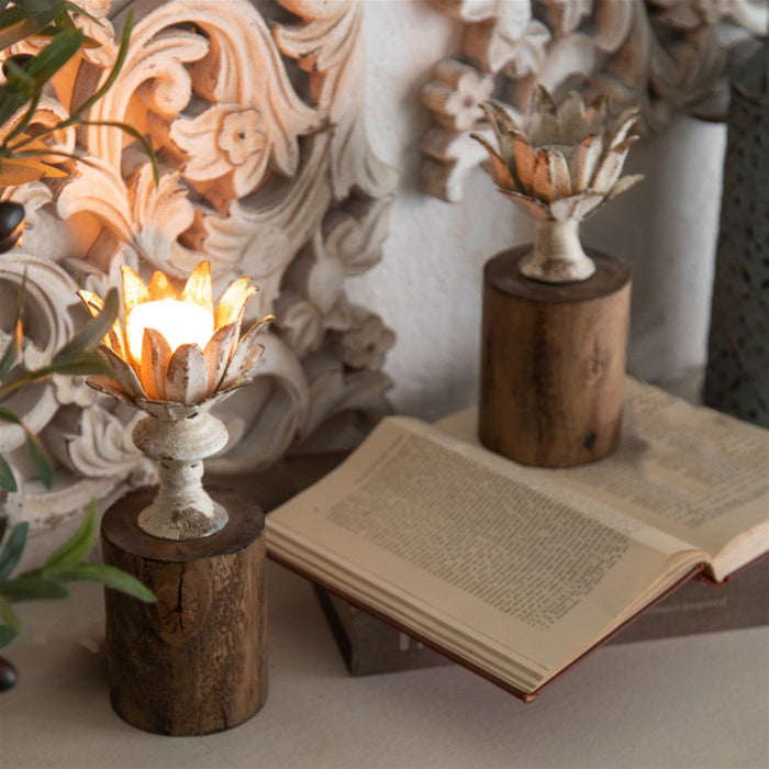 Anala Candle Holder Metal Flower in Bloom with Wooden Base by Urban Style -Home Living Store - -  