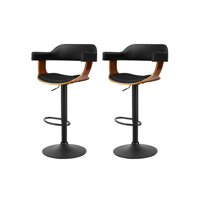 Two Bar Stools Gas Lift Leather w/Armrest All Black -Home Living Store - -  