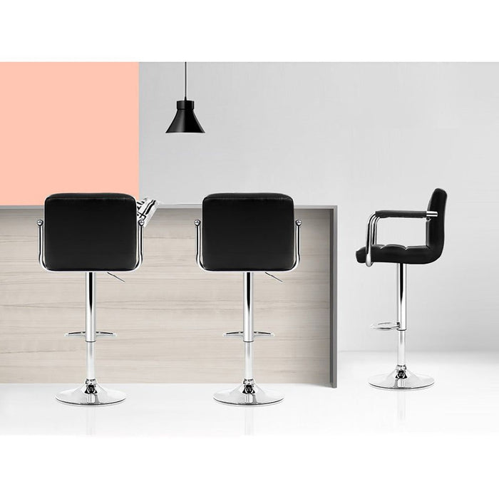 Four Bar Stools Leather Gas Lift w/Armrest Black -Home Living Store - -  