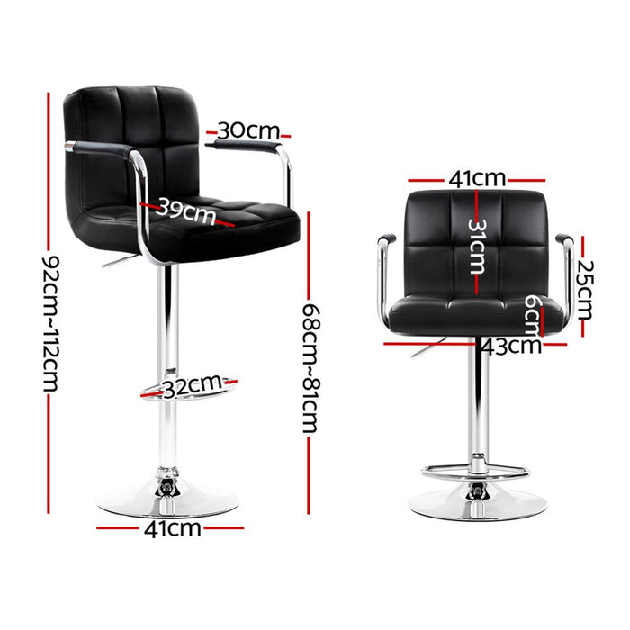 Four Bar Stools Leather Gas Lift w/Armrest Black -Home Living Store - -  