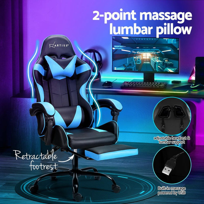 Artiss Point Massage Gaming Office Chair Footrest Cyan Blue