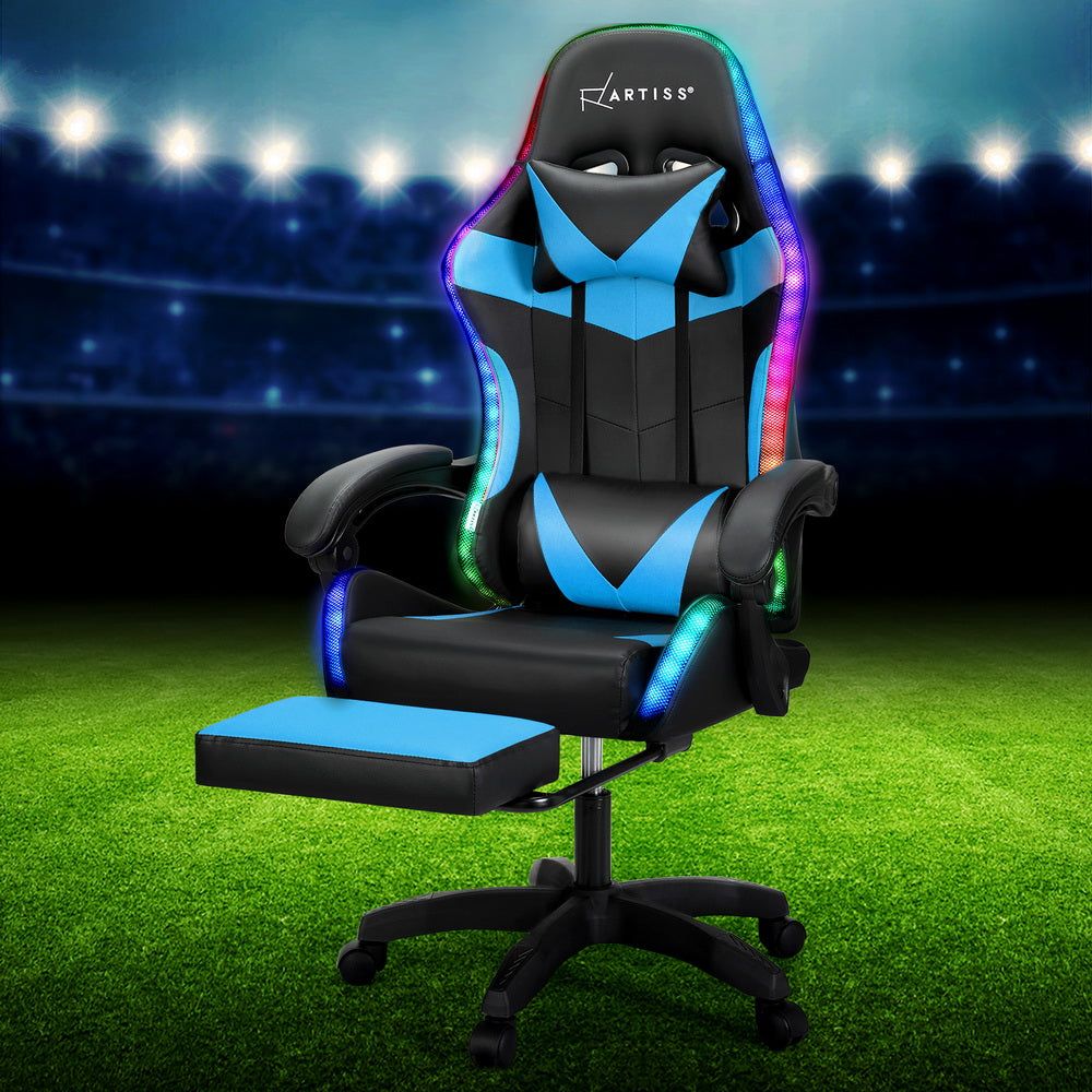 Artiss Point Massage Gaming Office Chair LED Footrest Cyan