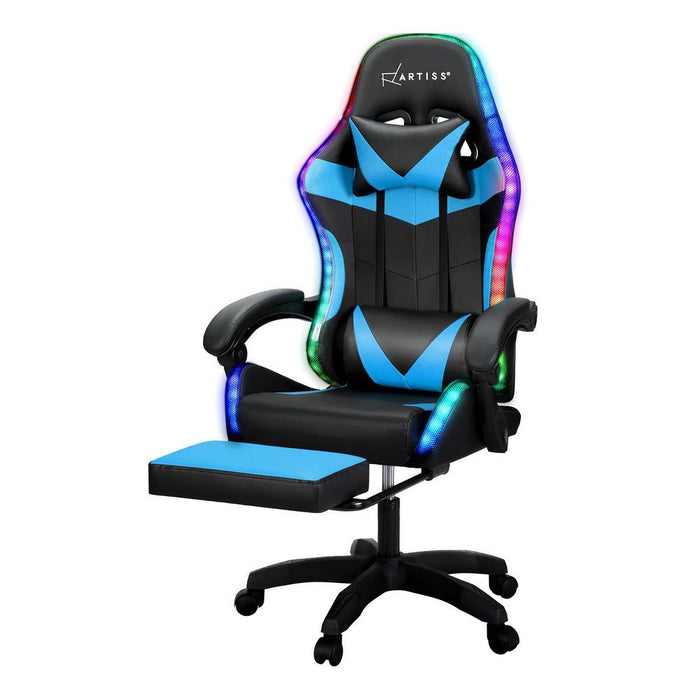 Artiss 6 Point Massage Gaming Office Chair 7 LED Footrest Cyan Blue -Home Living Store - -  
