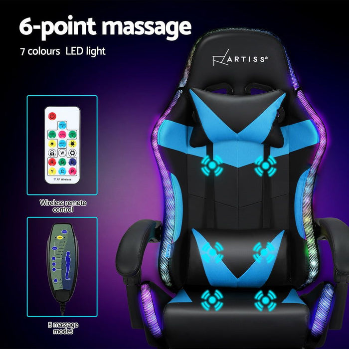 Artiss 6 Point Massage Gaming Office Chair 7 LED Footrest Cyan Blue -Home Living Store - -  