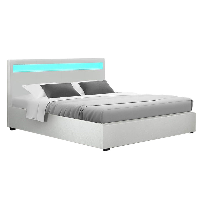 Artiss Bed Frame Double Size LED Gas Lift White COLE -Home Living Store - -  