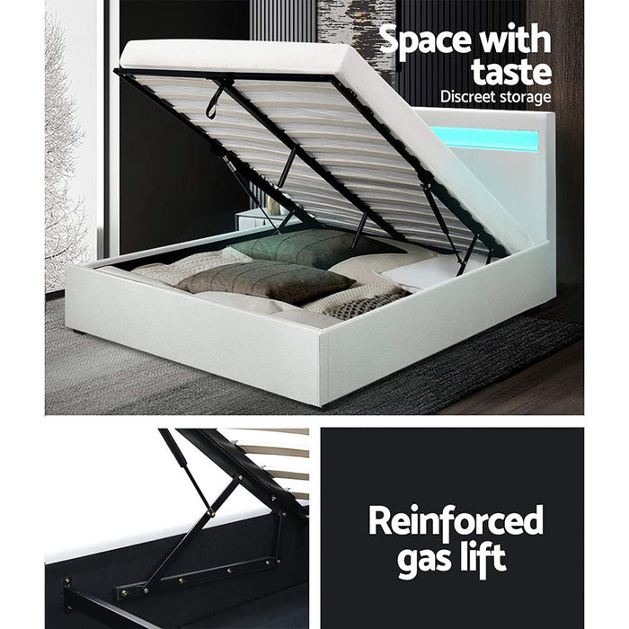 Artiss Bed Frame Double Size LED Gas Lift White COLE -Home Living Store - -  