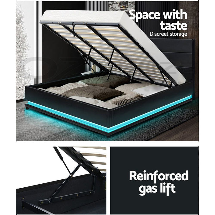 Artiss Bed Frame King Size LED Gas Lift Black LUMI -Home Living Store - -  