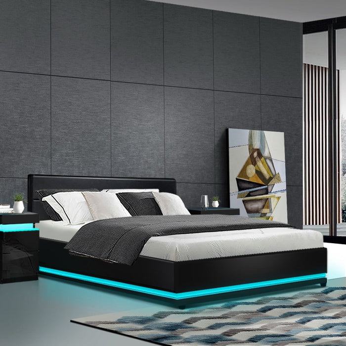 Artiss Bed Frame Queen Size LED Gas Lift Black LUMI -Home Living Store - -  