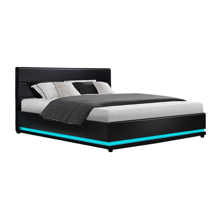 Artiss Bed Frame Queen Size LED Gas Lift Black LUMI -Home Living Store - -  