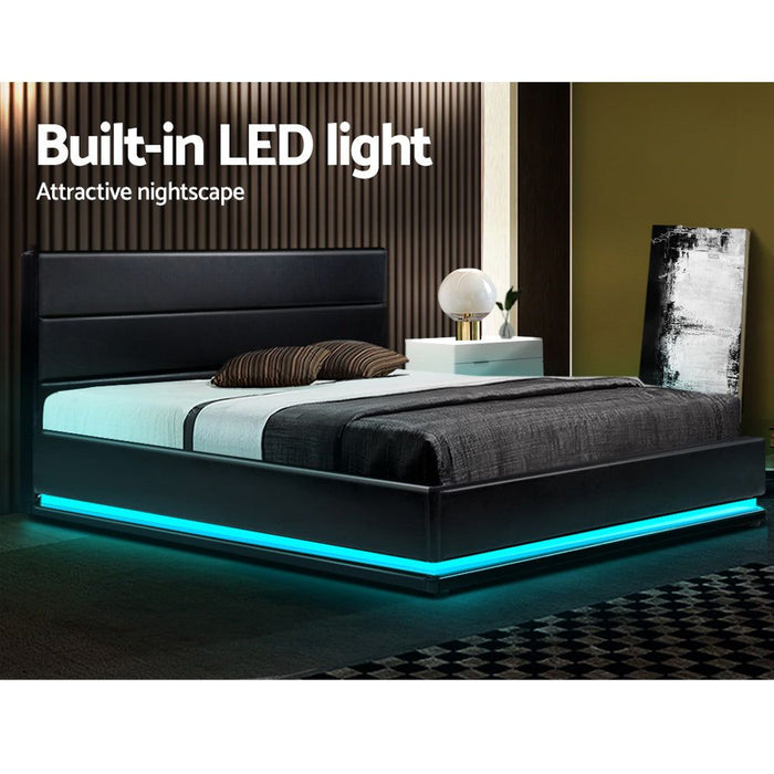 Artiss Bed Frame Queen Size LED Gas Lift Black LUMI -Home Living Store - -  