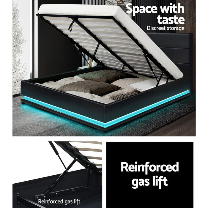 Artiss Bed Frame Queen Size LED Gas Lift Black LUMI -Home Living Store - -  
