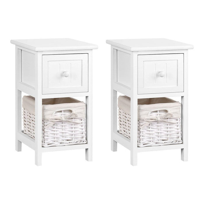 Artiss Bedside Table 1 Drawer with Basket Rustic White X2 -Home Living Store - -  