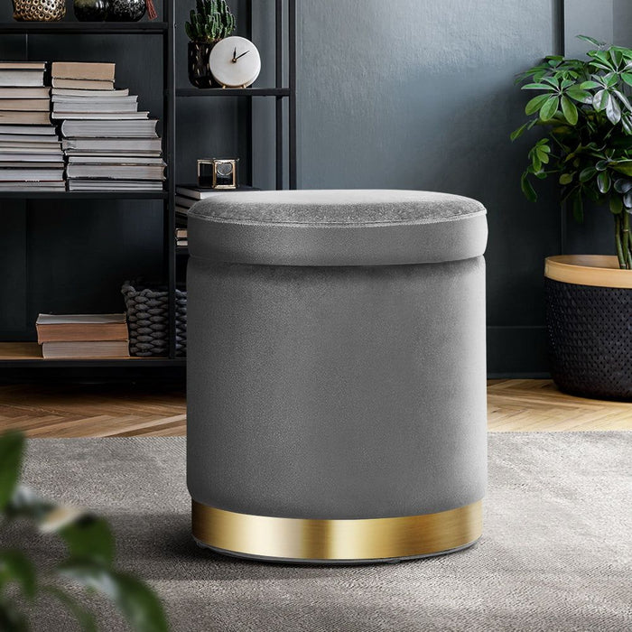 Artiss Ottoman Storage Foot Stool Round Velvet Charcoal -Home Living Store - -  